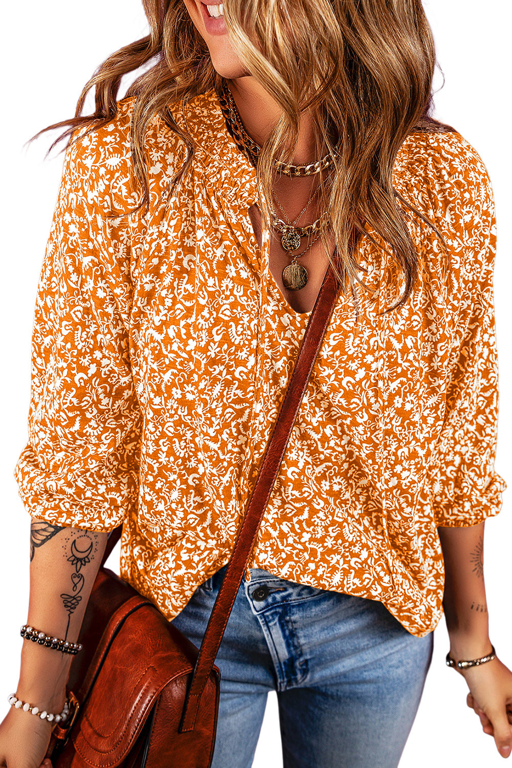 Russet Orange Floral Print Smocked Tie Neck Blouse