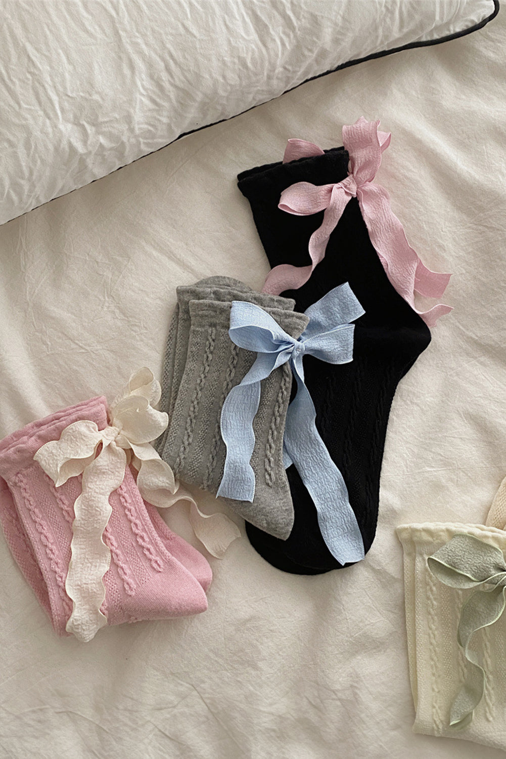 Pink 5 Pairs Contrast Ribbon Bow Decor Textured Knit Socks