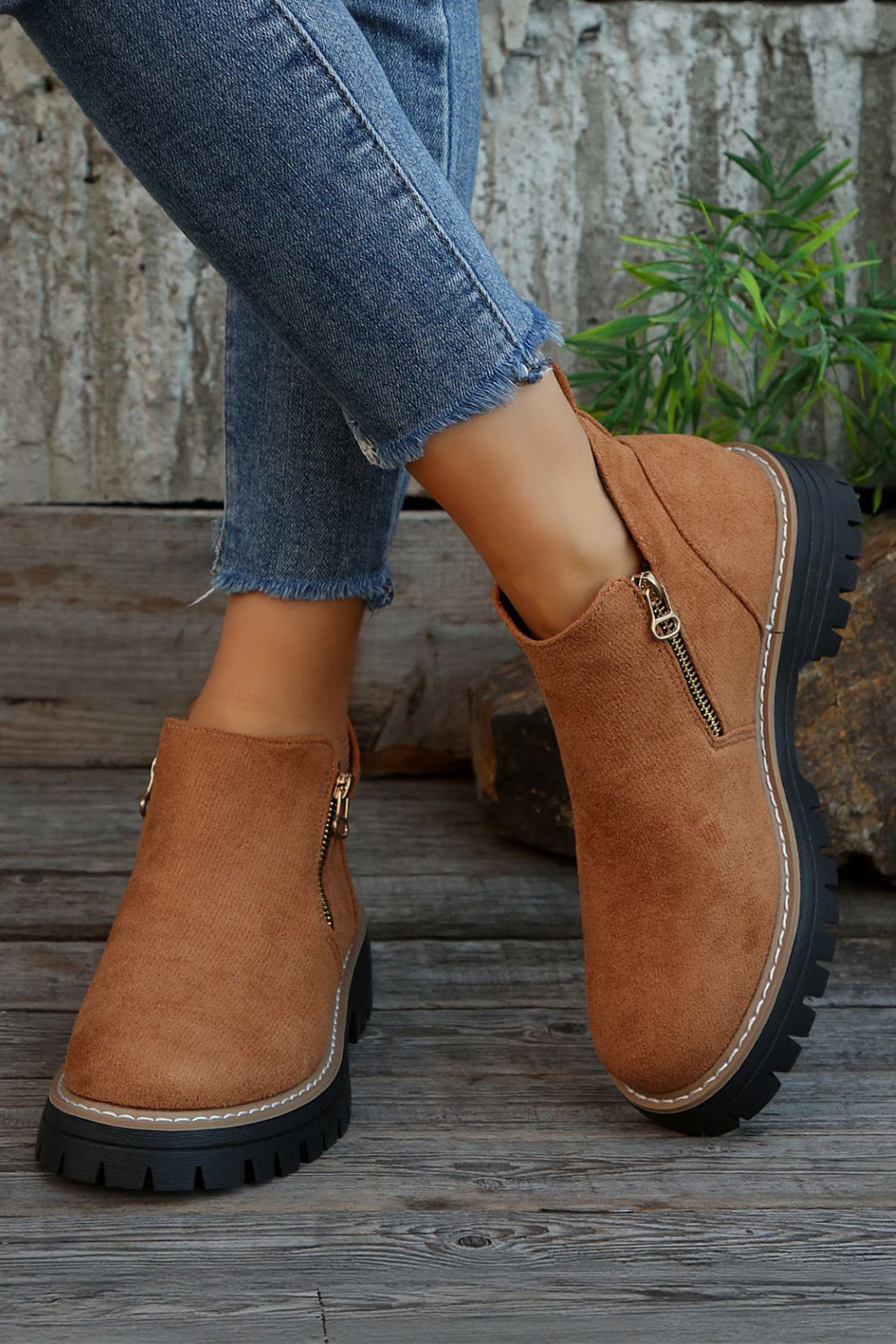 Chestnut Faux Suede Side Zip Ankle Boots