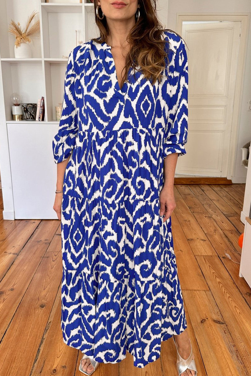 Blue Western Abstract Geometric Printed Maxi Dress