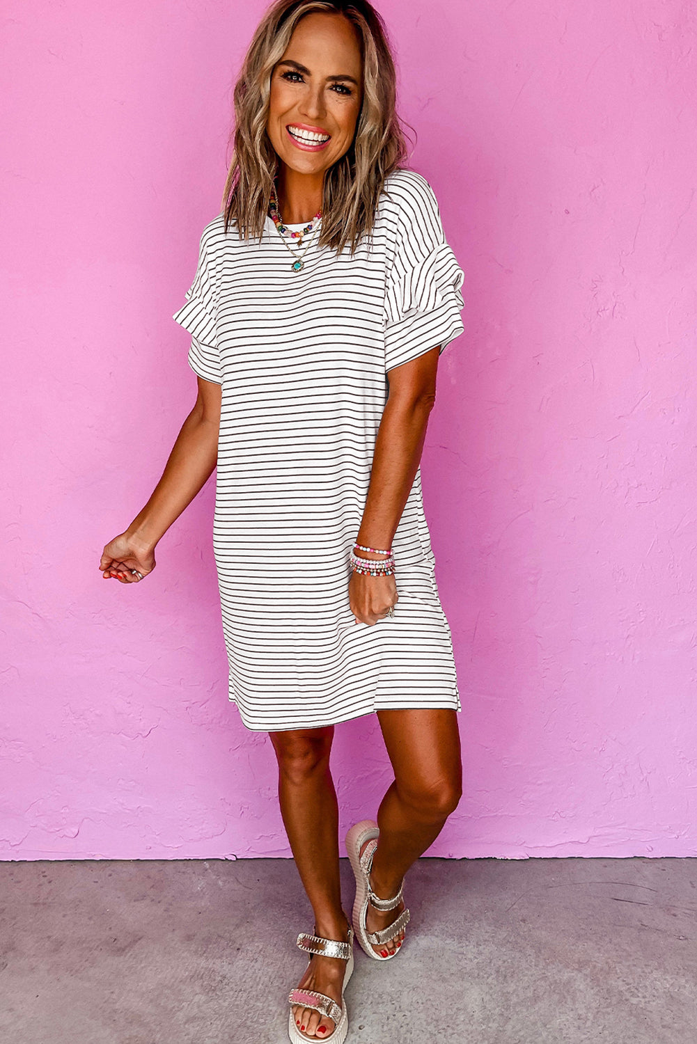 White Stripe Ruffled Short Sleeve Crew Neck T Shirt Shift Mini Dress