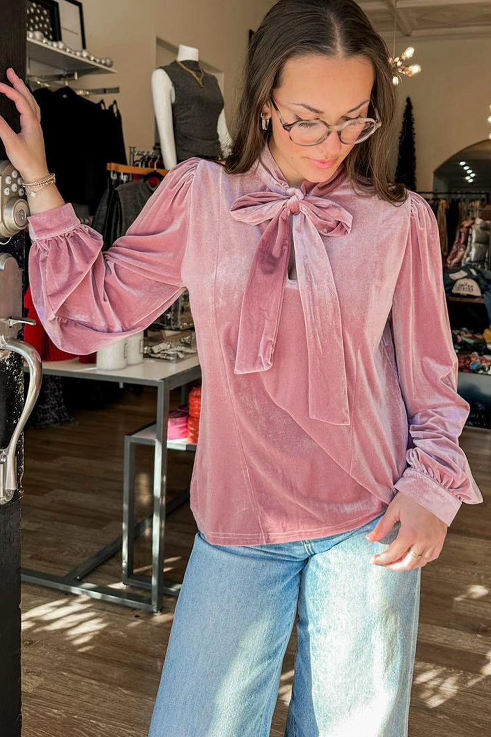 Fushia Solid Color Velvet Ribbon Bow Knot Long Sleeve Blouse