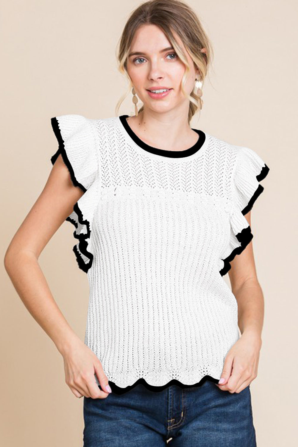 White Crochet Eyelet Flounce Tank Top