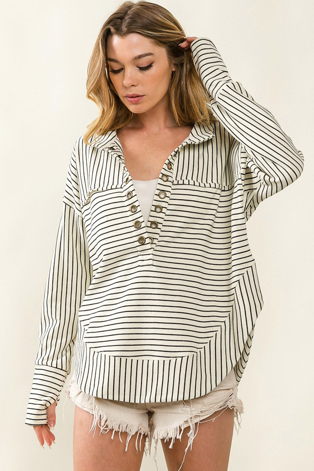 White Striped Thumbhole Drop Shoulder V Neck Top