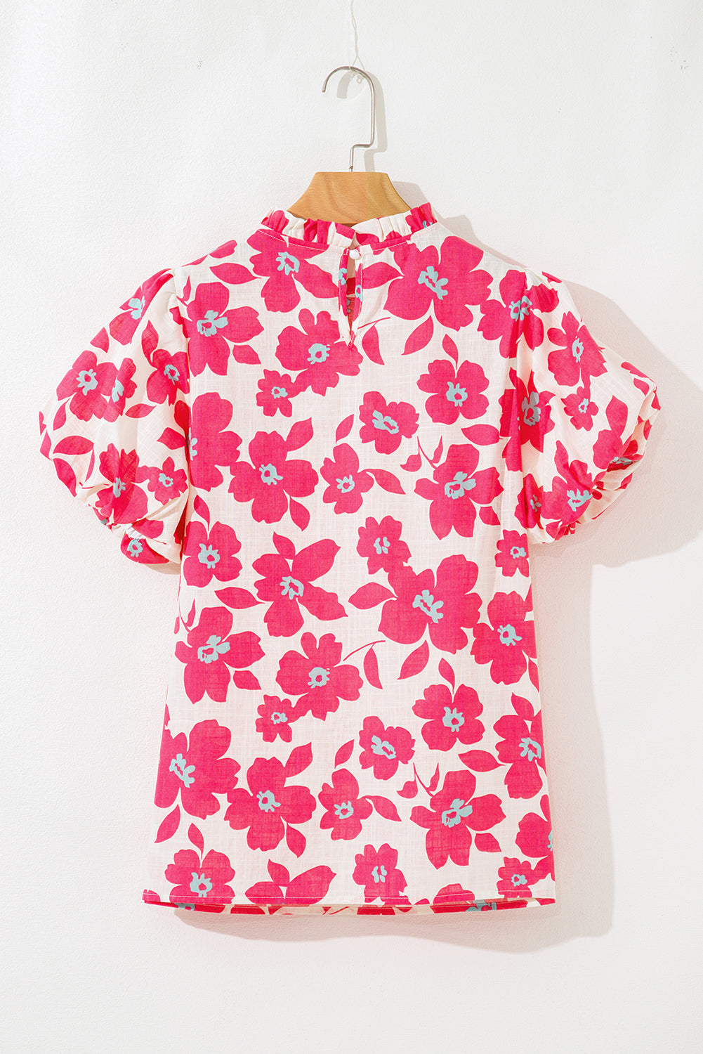 Pink Frilled Neck Short Puff Sleeve Floral Blouse