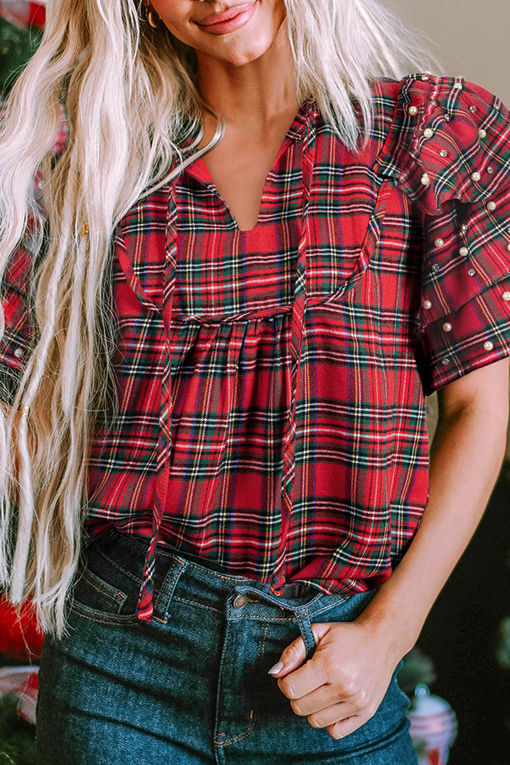 Red Festive Plaid Pearl Embellished Ruffle Short Sleeve Blouse