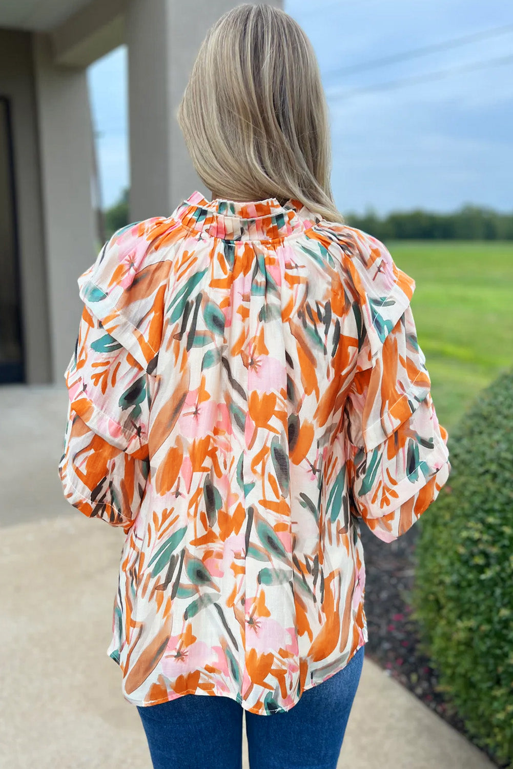 Yellow Abstract Print Drawstring Frilled V Neck 3/4 Sleeve Blouse