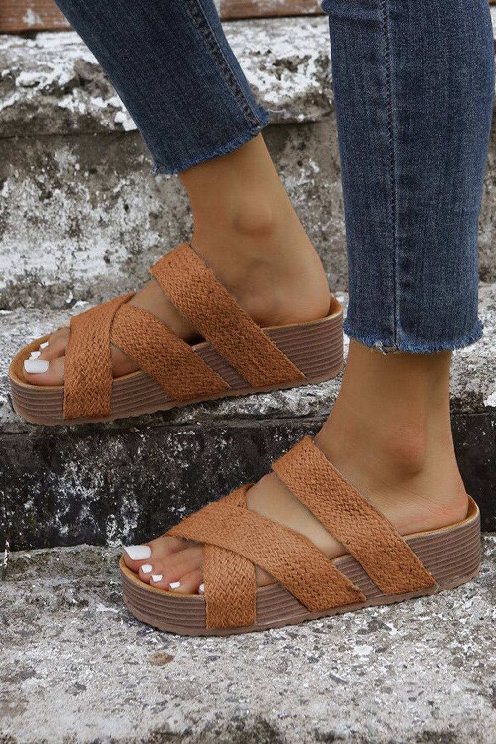 Brown Woven Cross Criss Hollowed Slip-On Slippers