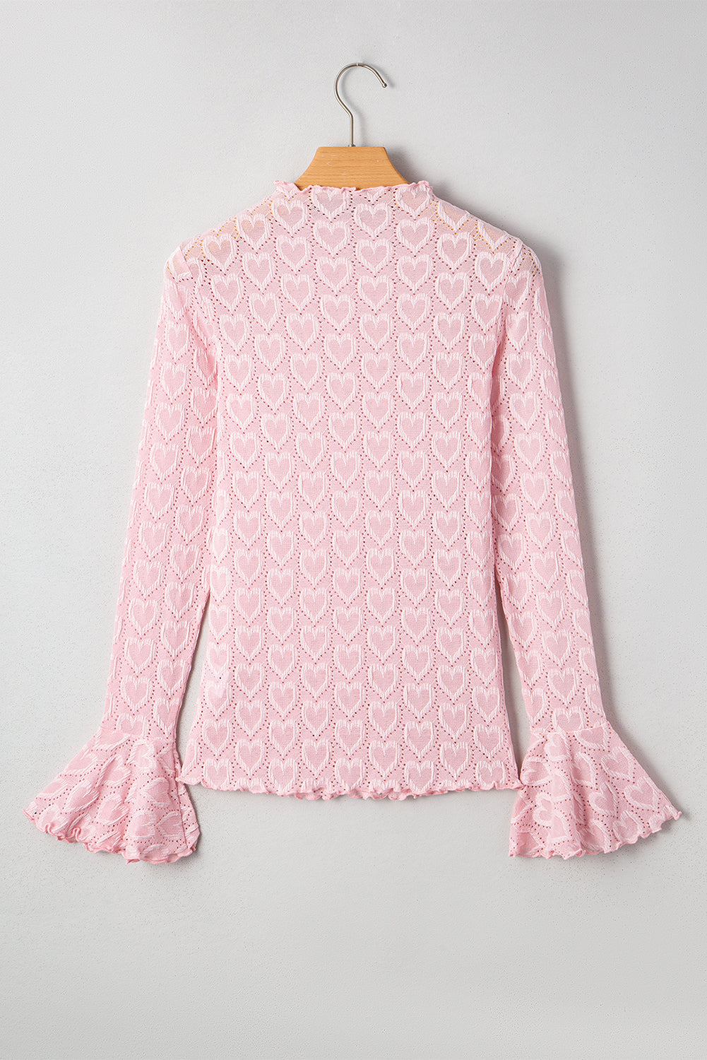 Gossamer Pink Heart Jacquard Flare Sleeve Mock Neck Fitted Top