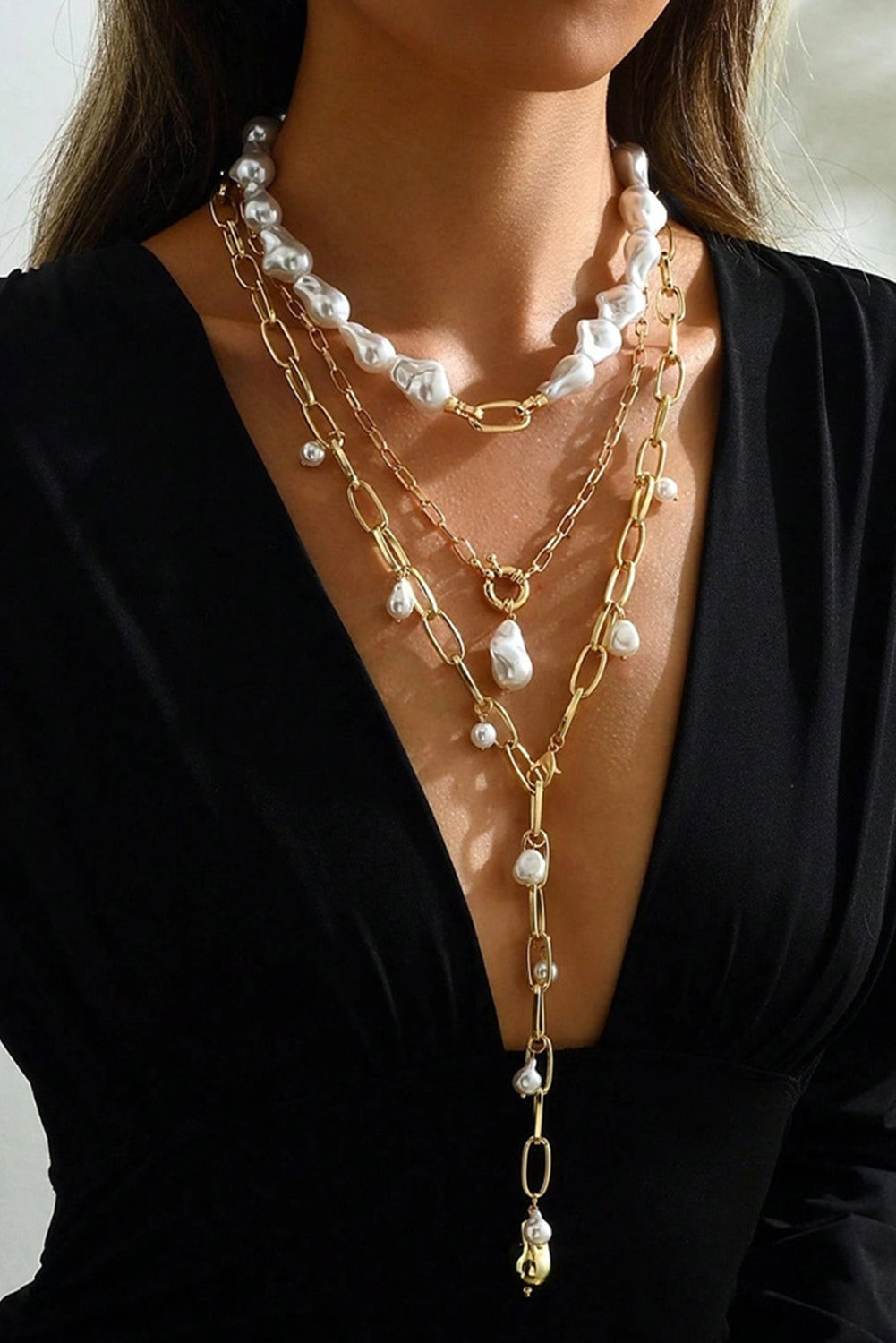 Gold Alloy Plated Chain Baroque Pearl 3pcs Layered Necklace Set