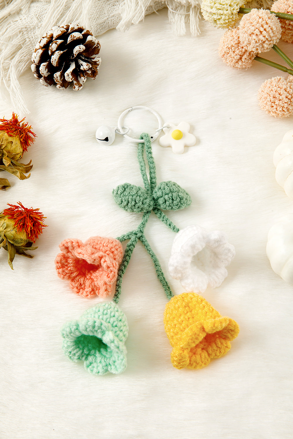 Meadow Mist Green Handmade Crochet Bell Orchid Flower Key Ring Bag Pendant