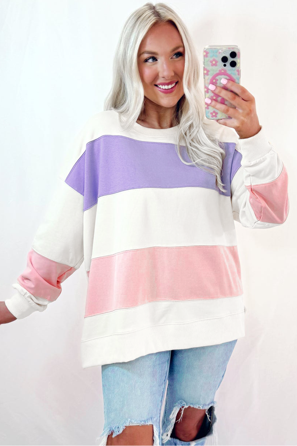 Beige Colorblock Patchwork Drop Shoulder Crewneck Sweatshirt