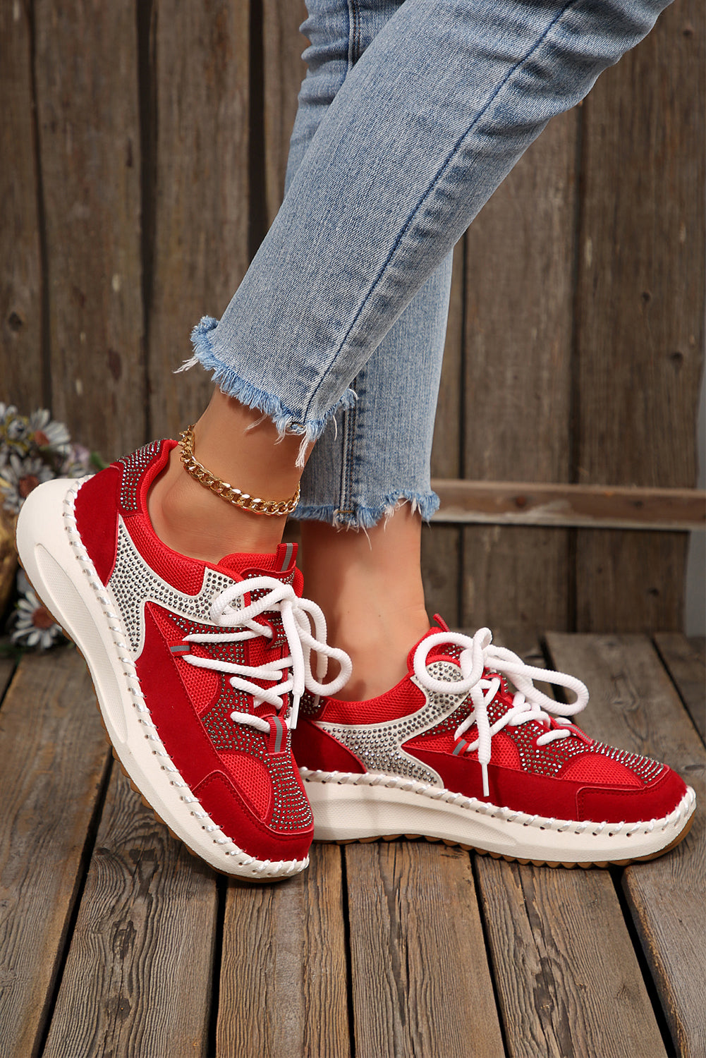 Fiery Red Rhinestone Embellished Color Block Patchwork Lace-up Breathable Sneakers