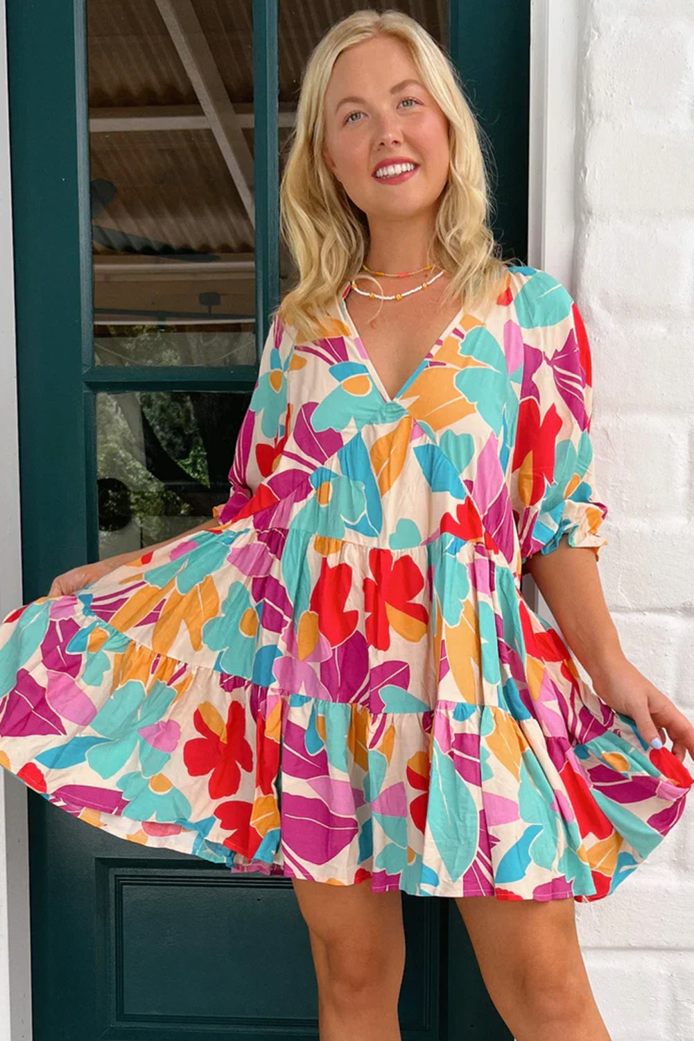 Multicolour Floral Tiered V Neck Plus Dress