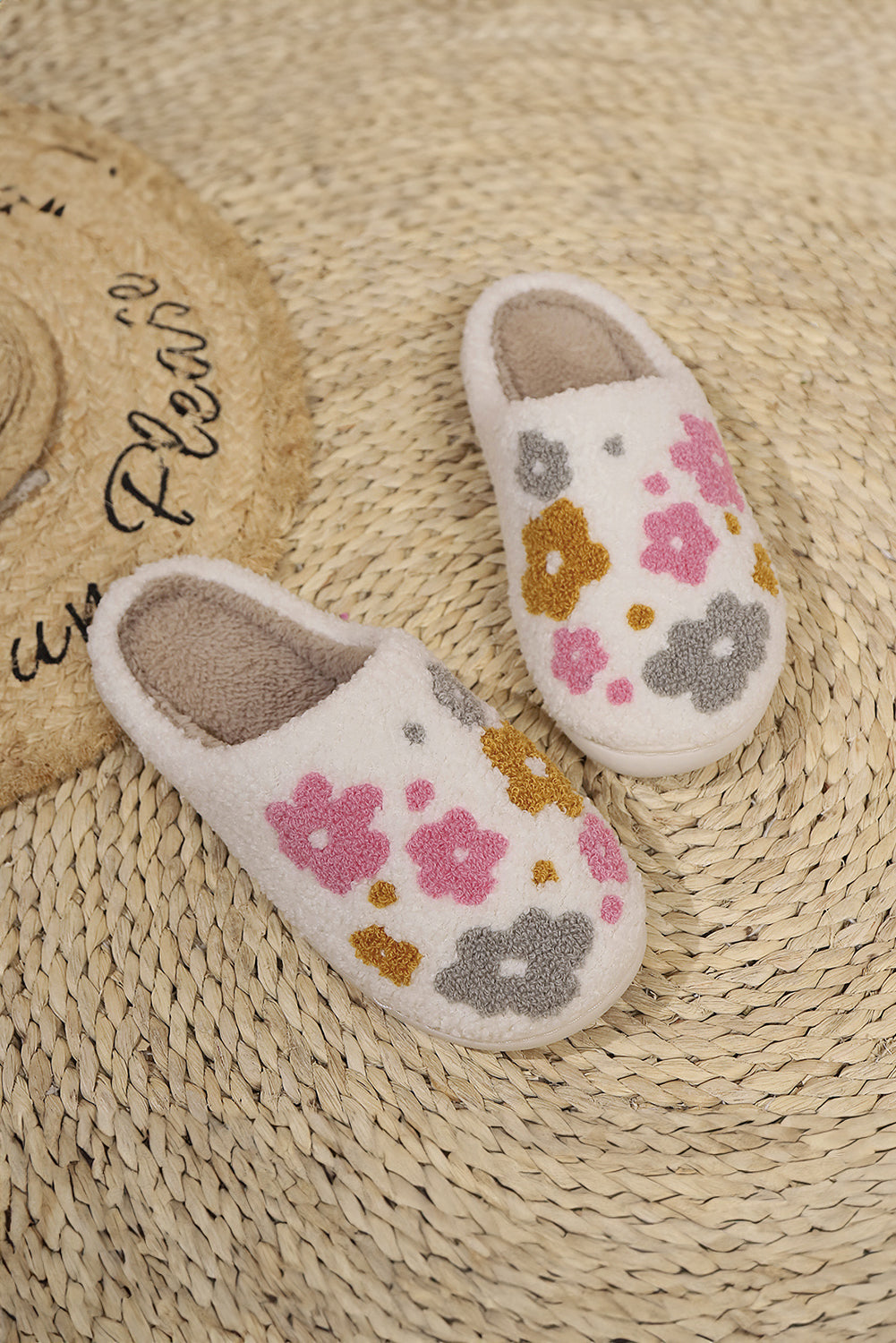 White Fuzzy Flower Pattern Winter House Slippers