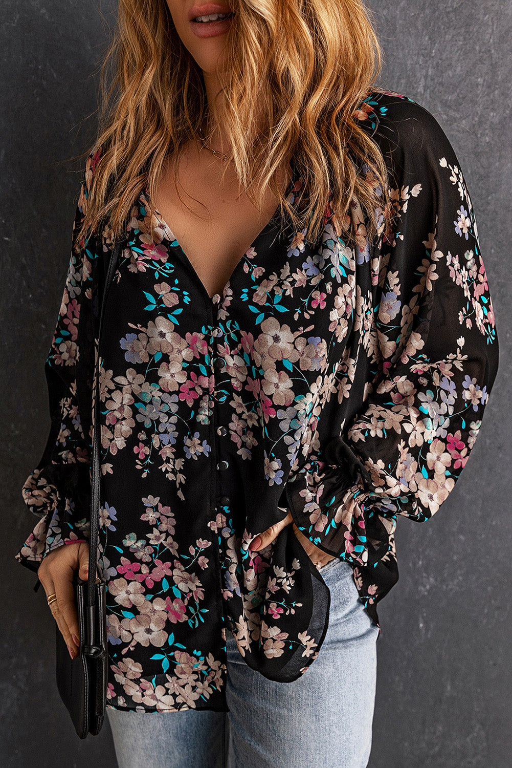 Black Wildflower Print Chiffon Blouse