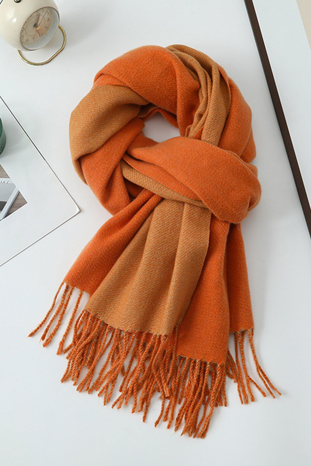 Russet Orange Two-Tone Cashmere Feel Tassel Scarf