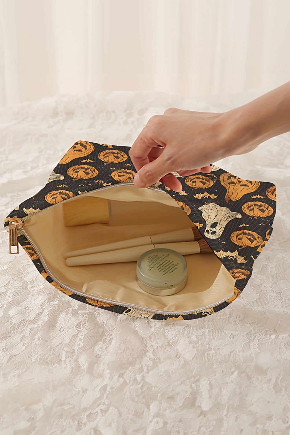 Black Striped Halloween Pumpkin Ghost Printed Makeup Bag