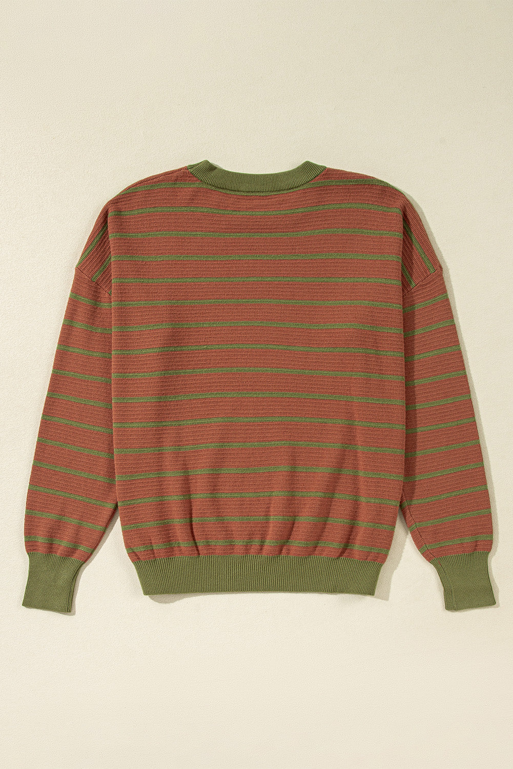 Brown Stripe Trimmed Round Neck Drop Shoulder Loose Sweater