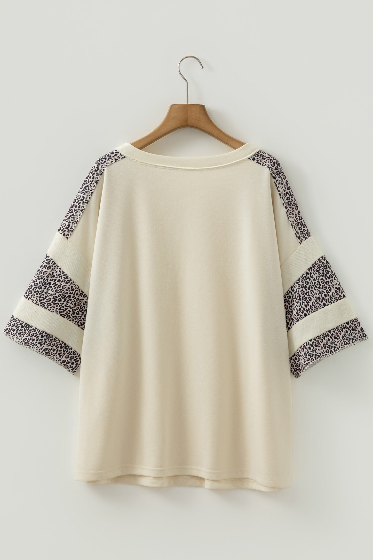 Apricot V Neck Exposed Seam Leopard Color Block Patchwork Half Sleeve Top