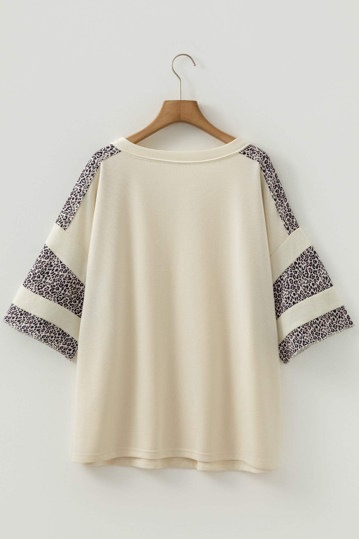 Apricot V Neck Exposed Seam Leopard Color Block Patchwork Half Sleeve Top