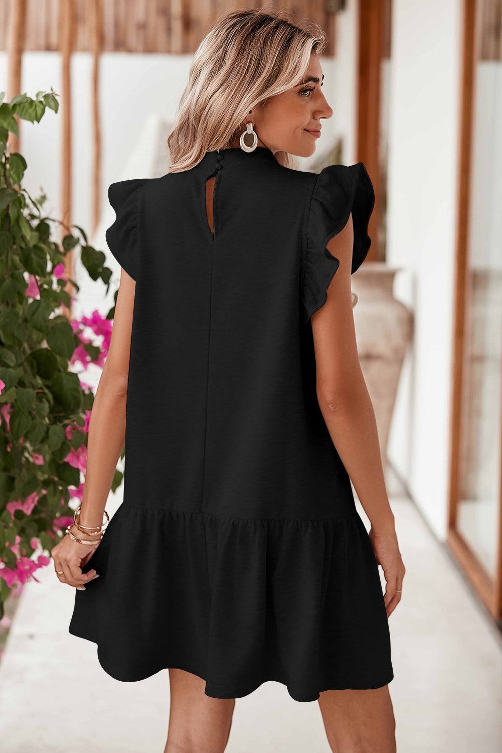 Black Flutter Sleeve Crew Neck Shift Dress