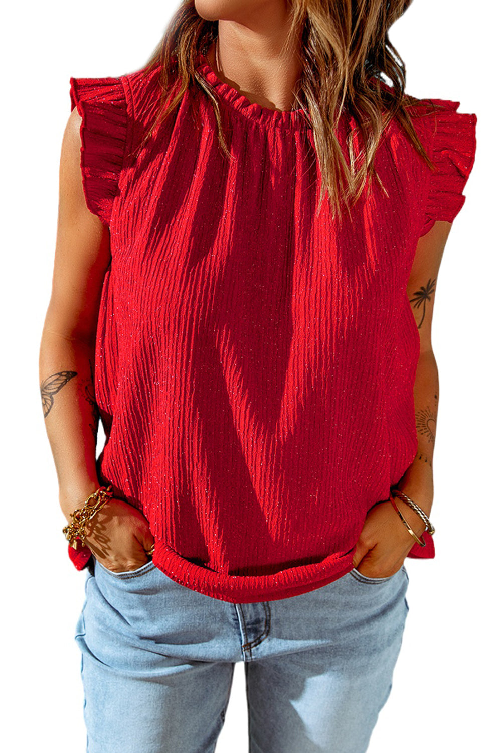 Fiery Red Ruffled Ribbed O-neck Sleeveless Top