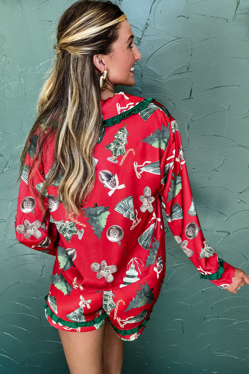 Red Christmas Fashion Print Contrast Ruffle Trim Ribbon Bow Knot 2pcs Pajama Set
