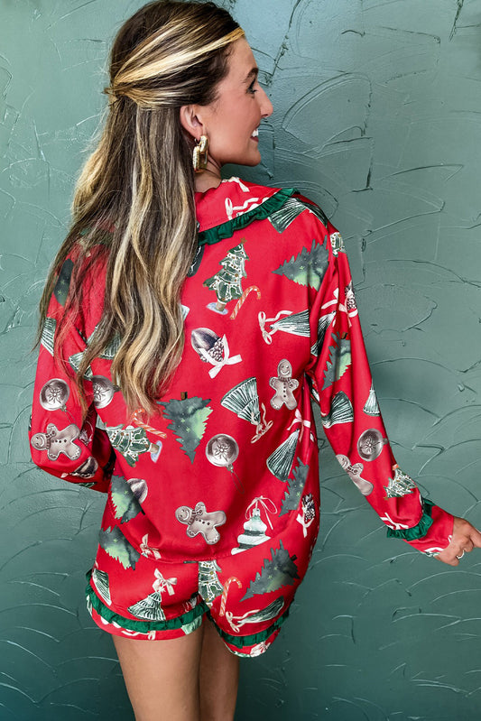 Red Christmas Fashion Print Contrast Ruffle Trim Ribbon Bow Knot 2pcs Pajama Set