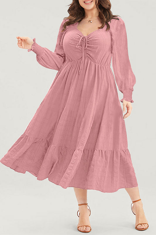 Pink Lace-up Ruched Front Long Sleeve Ruffle Hem Plus Size Midi Dress