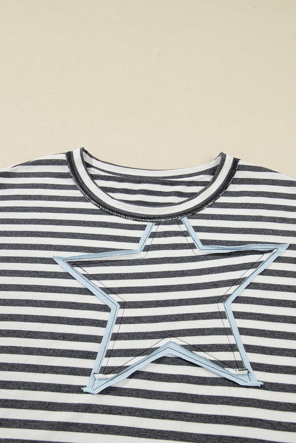 Gray Stripe Contrast Star Stitched Plus Size Long Sleeve Top