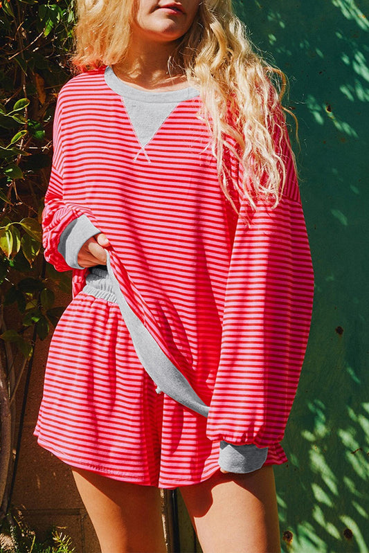 Red Stripe Drop Shoulder Baggy Pullover and Shorts Casual Set