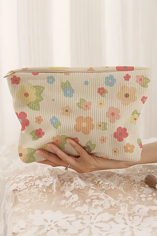 White Flower Leaves Print Zipper Corduroy Makeup Bag