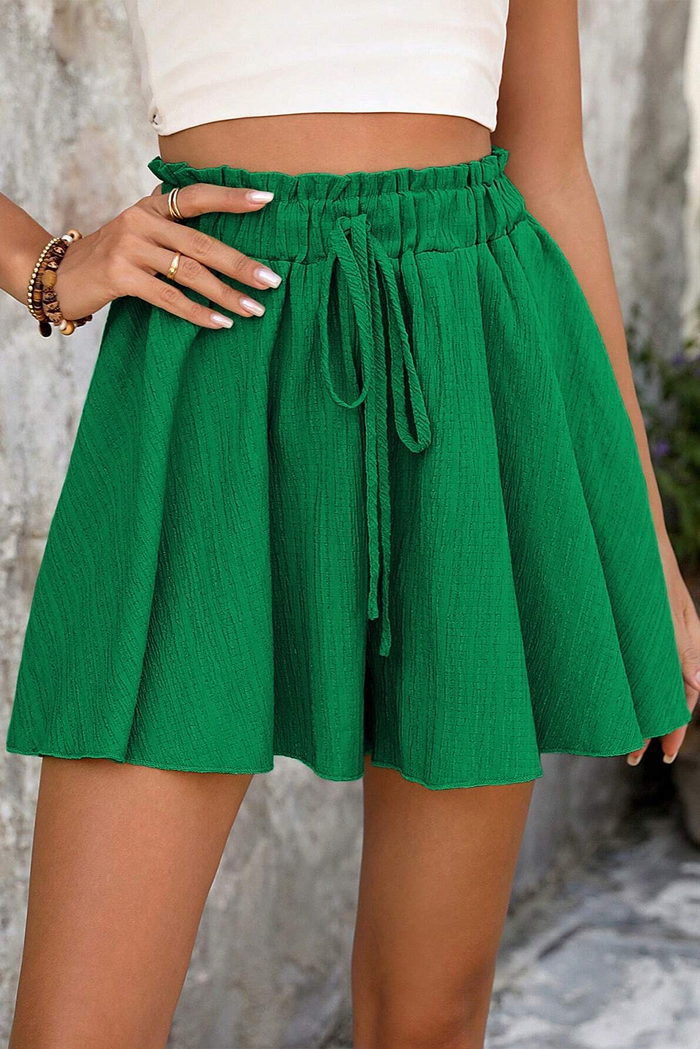 Dark Green Textured Frilled Lace-up High Waist Ruffle Wide Leg Shorts