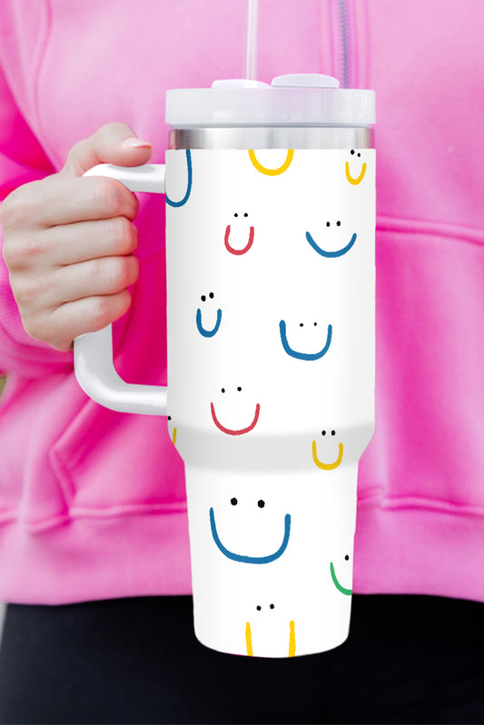White Smiling Face Print Handle Vacuum Cup 40oz