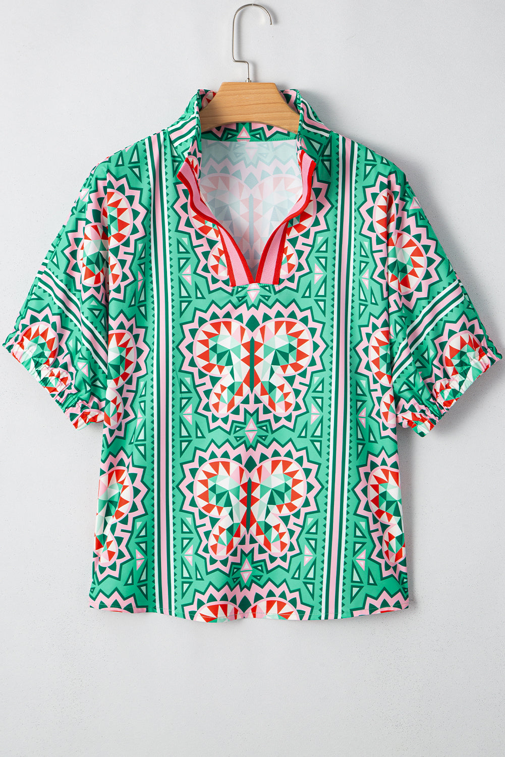 Sea Green Boho Abstract Print Contrast Striped Collared V Neck Blouse