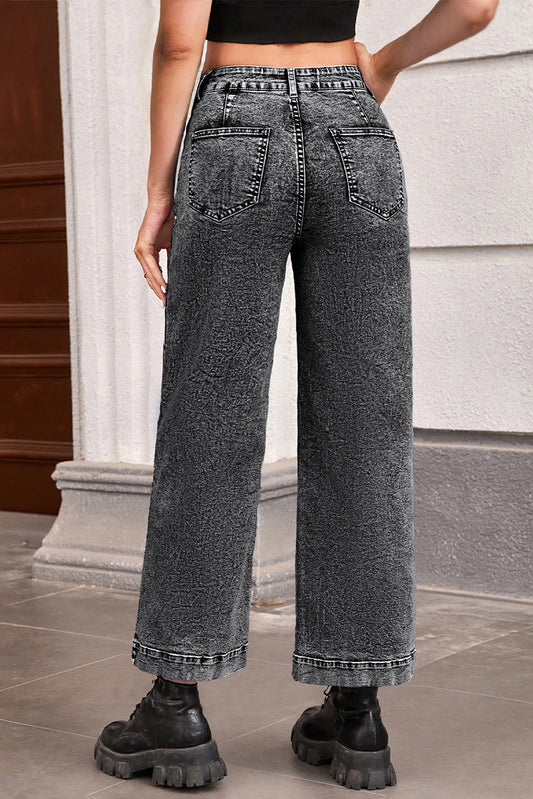 Black Chic Patch Pocket Straight Leg Loose Jeans