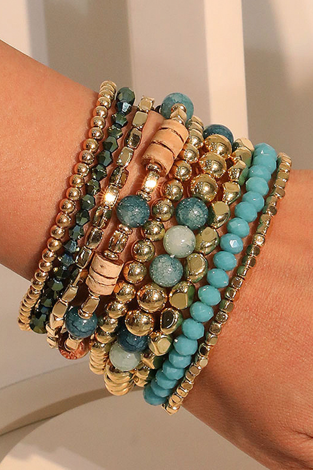 Gold Boho Beaded Multi Layer Elastic Bracelet Set