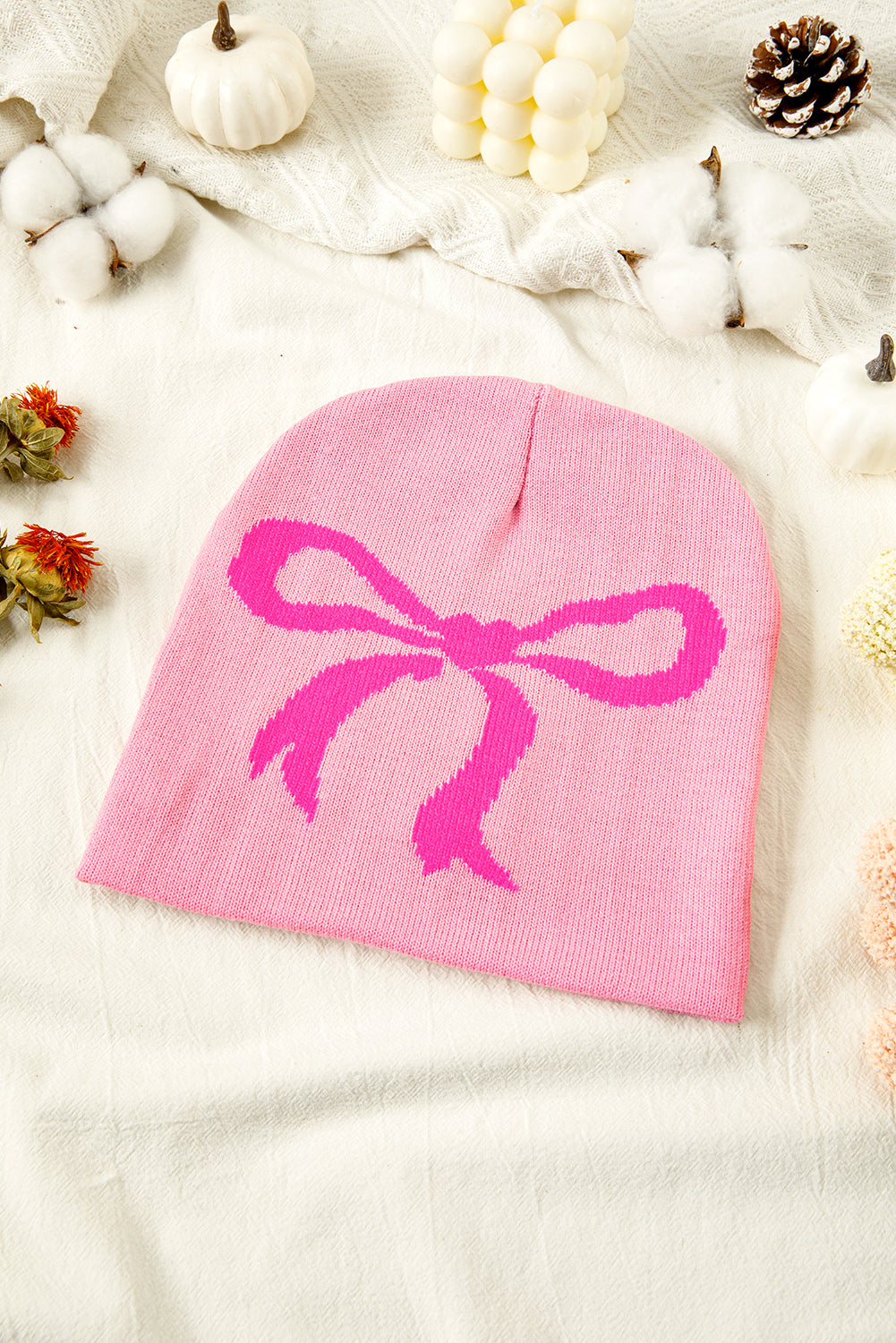 Pink Ribbon Bow Print Soft Knit Beanie