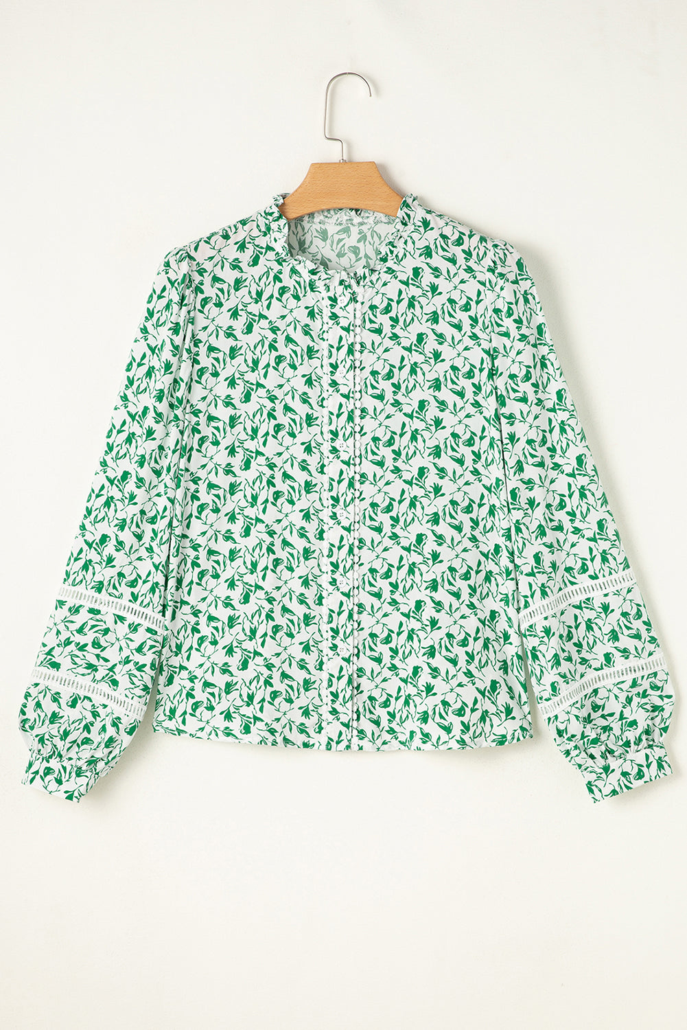 Green Printed Lace Detail Floral Puff Sleeve Fall Shirt