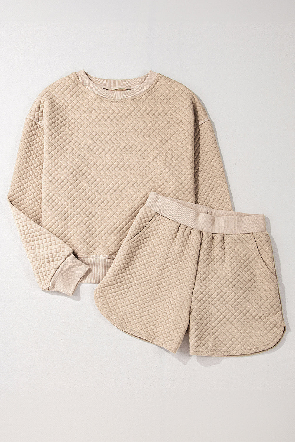 Parchment Solid Color Quilted Long Sleeve Top and Shorts Set