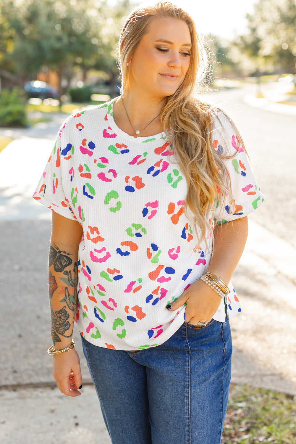 White Multicolor Leopard Print Textured Plus Size T Shirt