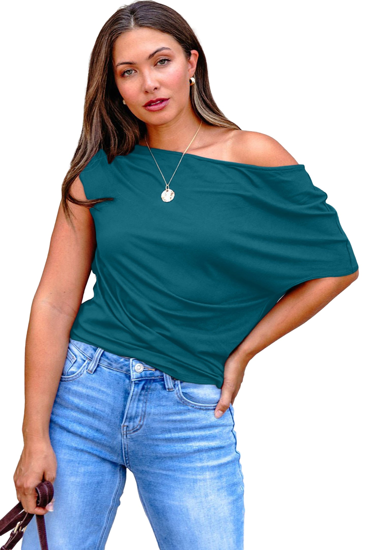 Blue Sapphire Plus Size Solid Color Asymmetric Neck Short Sleeve Blouse