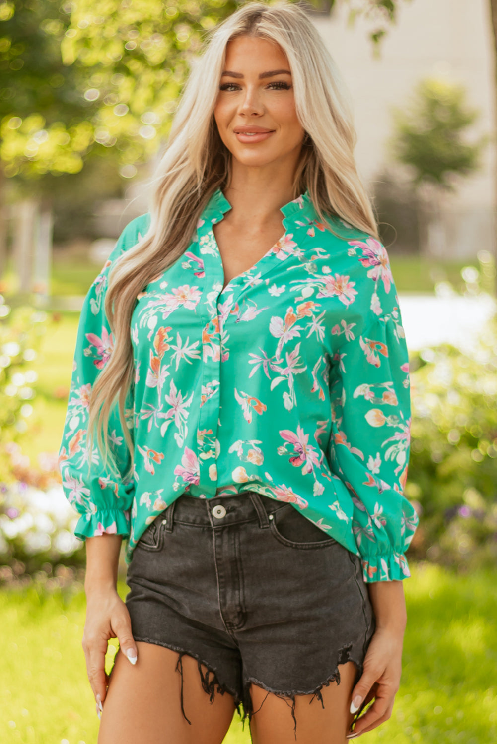 Green Floral Lantern Sleeve Button Front Shirt