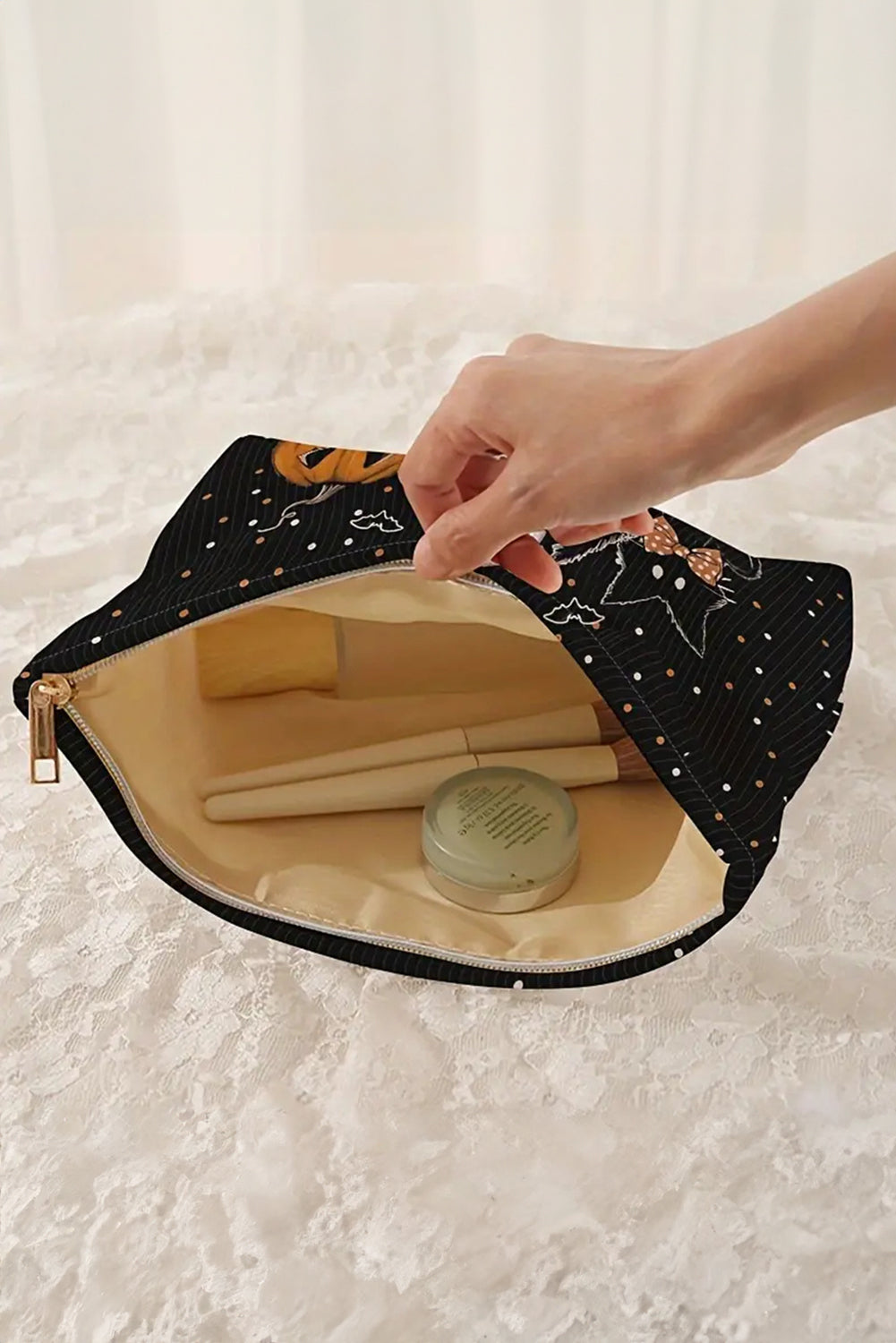 Black Cute Halloween Print Ribbed Makeup Storage Bag