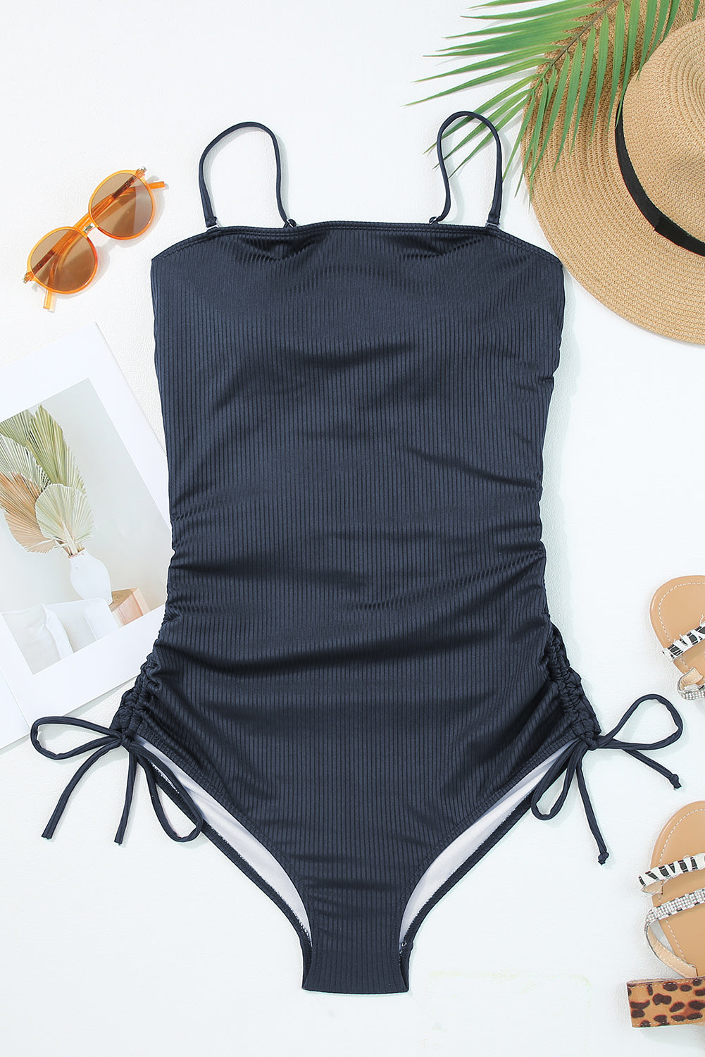 Navy Blue Ribbed Drawstring Sides Cutout One Piece Swimsuit