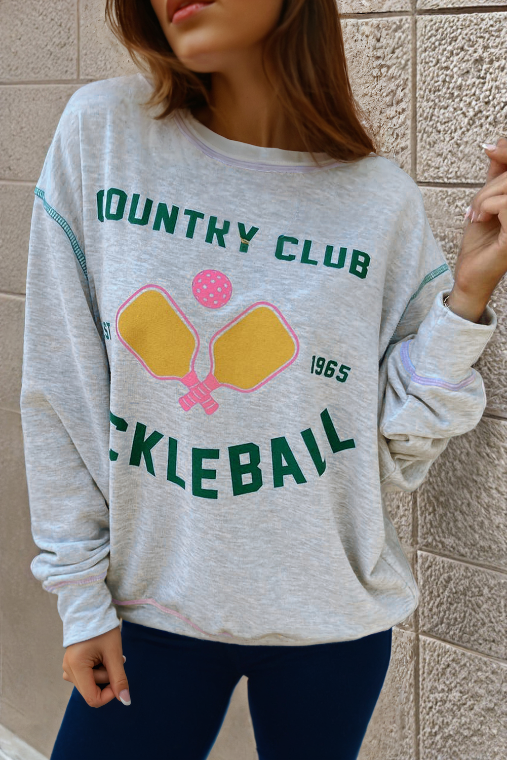 Light Grey COUNTRY CLUB PICKLEBALL Graphic Exposed Stitching Casual Sweatshirt