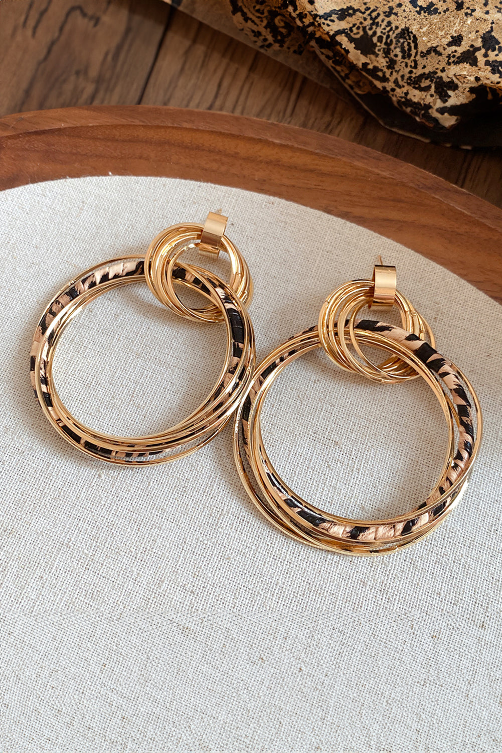 Gold Multi Hoop Leopard Detail Boho Fashion Earrings