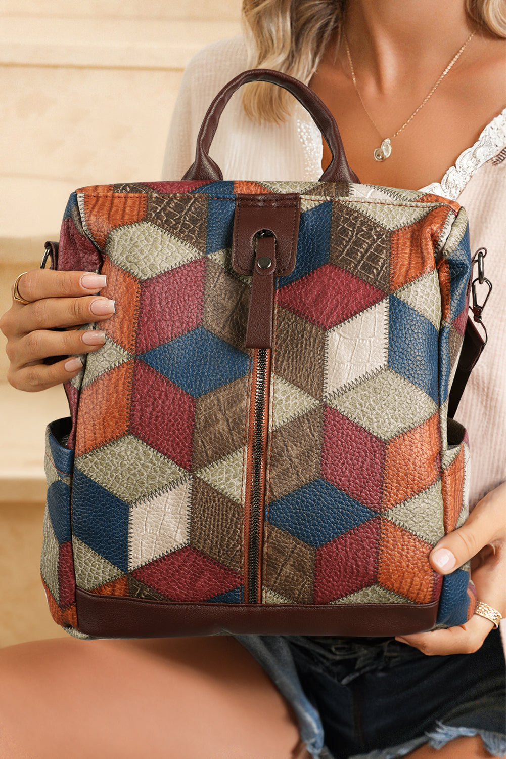 Chestnut Geometric Soft PU Leather Large Convertible Backpack