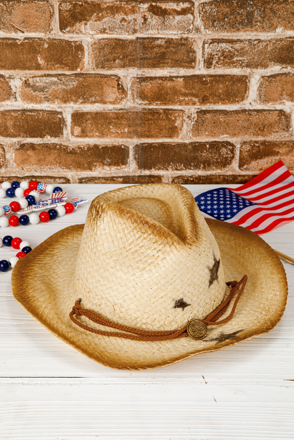Khaki Vintage Star Shape Woven Wide Brim Buckle Hat